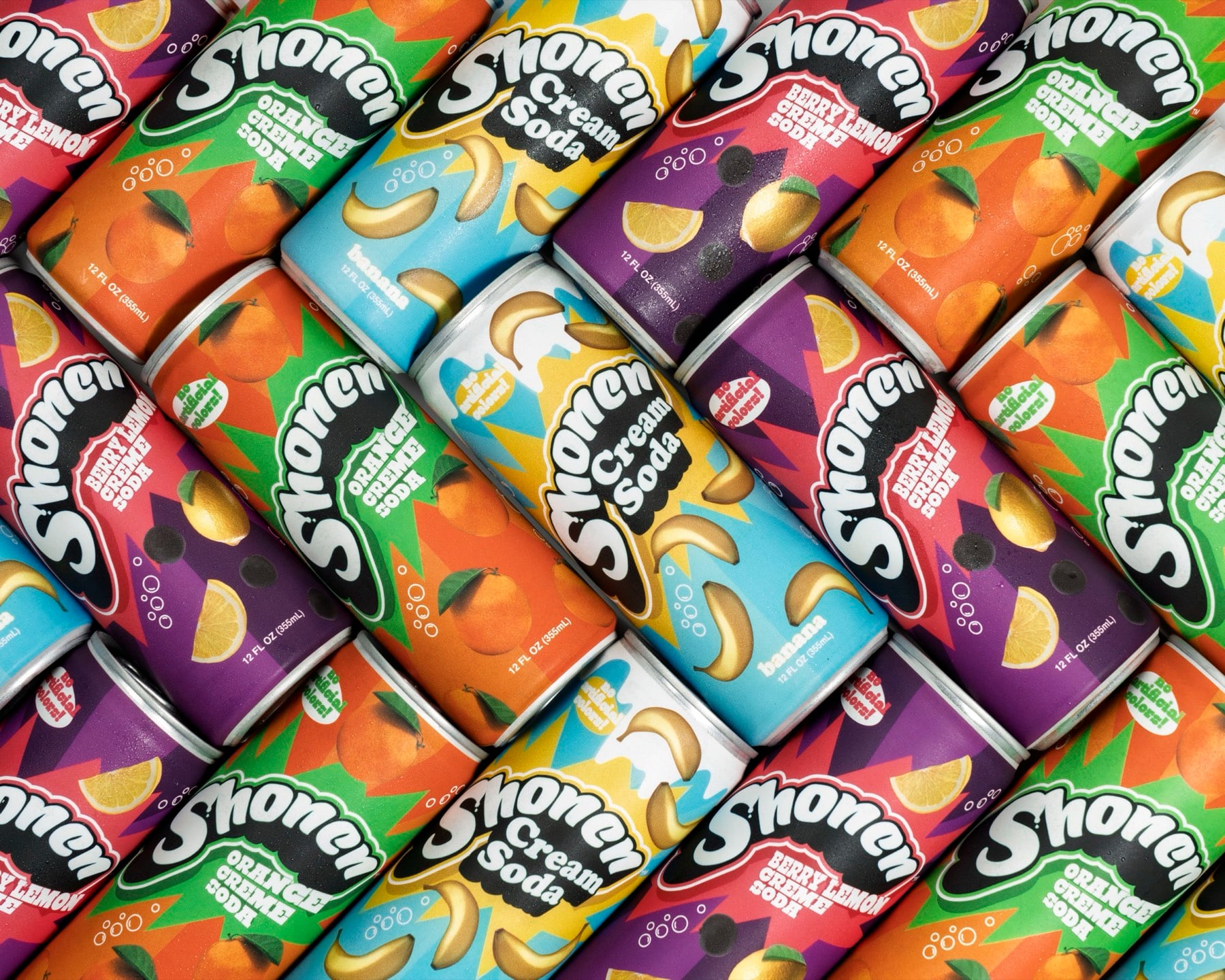 Overhead diagonal grid of colorful Shonen Cream Soda cans in every flavor
