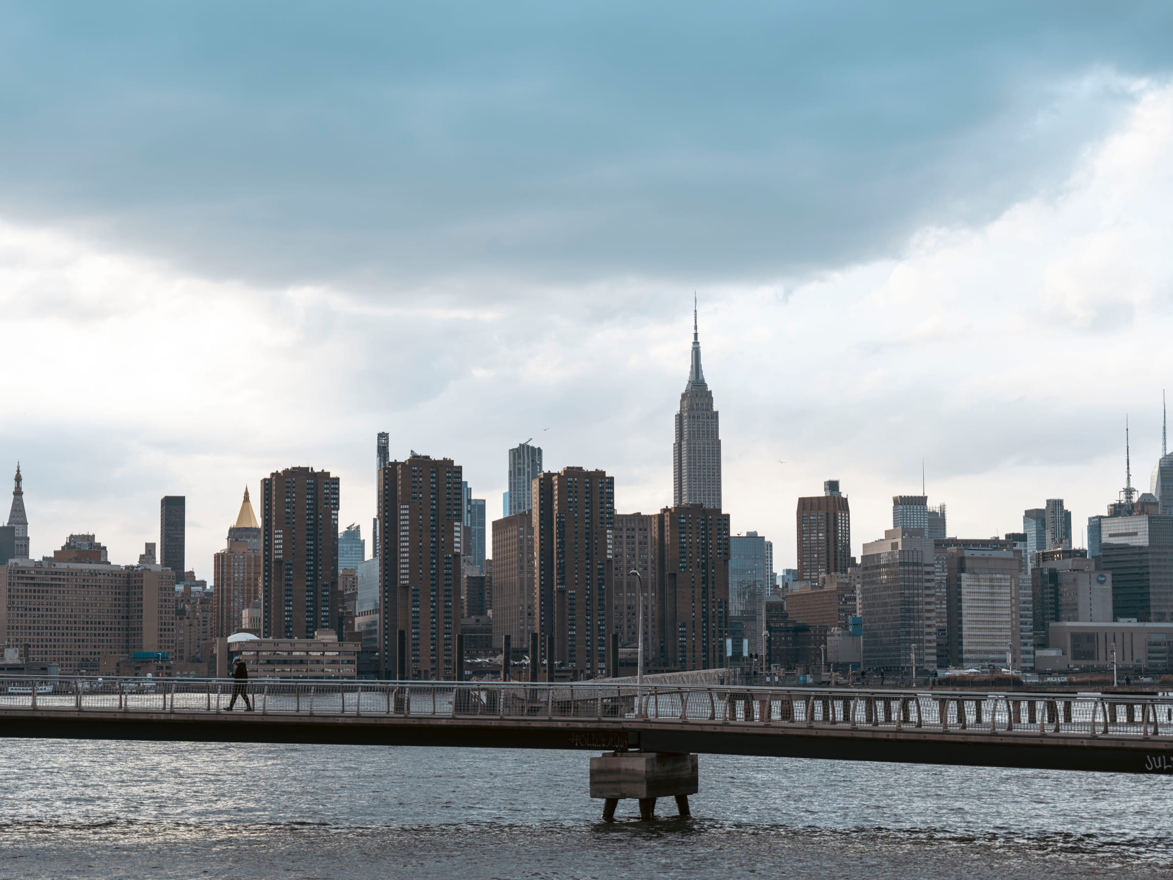 The Midtown Manhattan skyline beyond a low waterfront pier