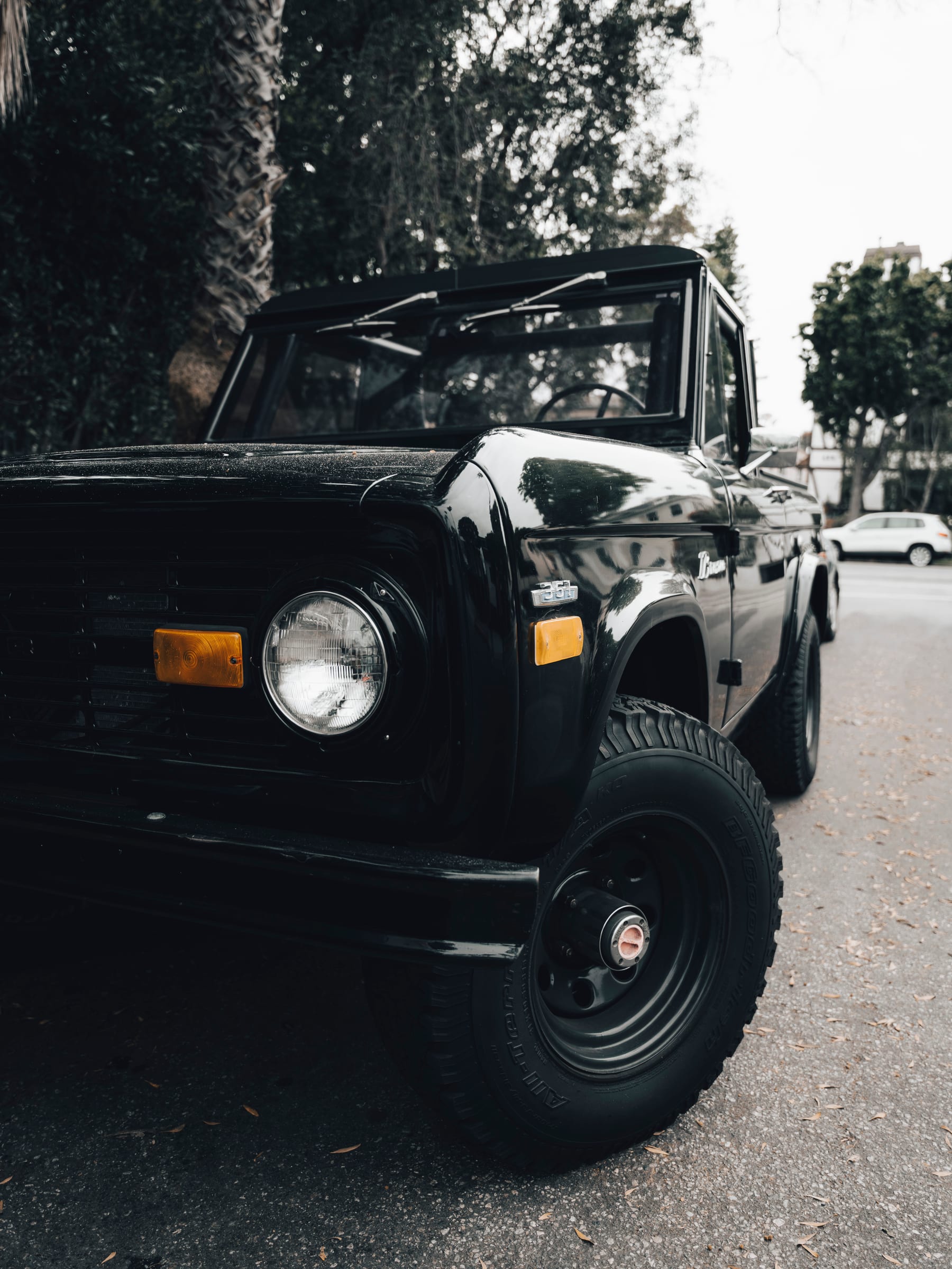Front three-quarter view of a black vintage Ford Bronco on a palm-lined street